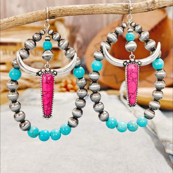 Western Boho Earrings | Turquoise Beaded Hoop | Pink Horn Pendant - Picture 1 of 8